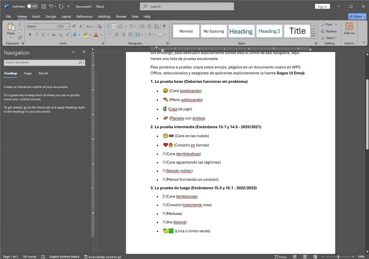 Microsoft Word 2024 con texto con Emojis versión 14 y 15 en Windows 10.