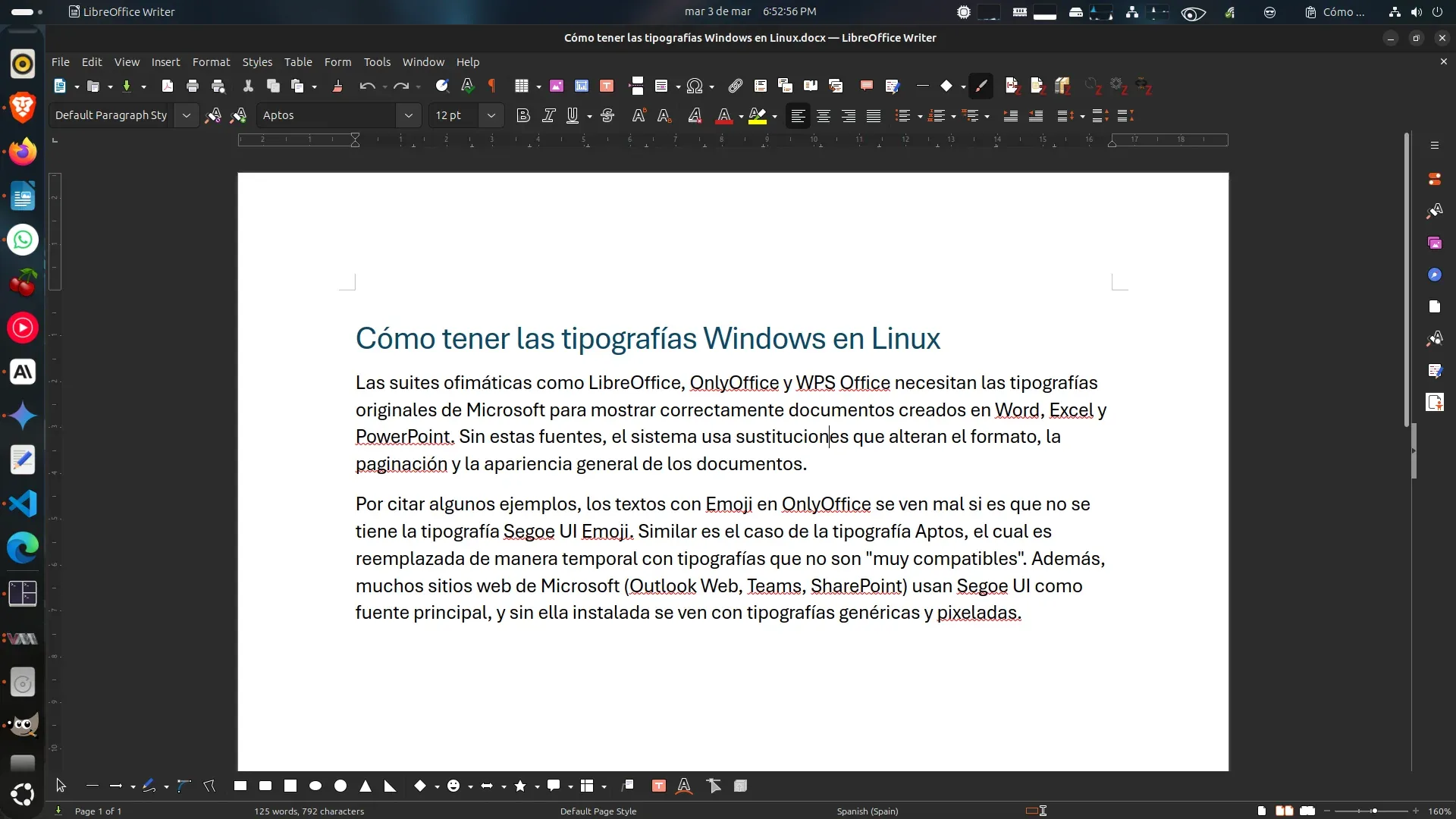 LibreOffice con la tipografía Aptos de Microsoft Office 2024. Ahora se ve correctamente.