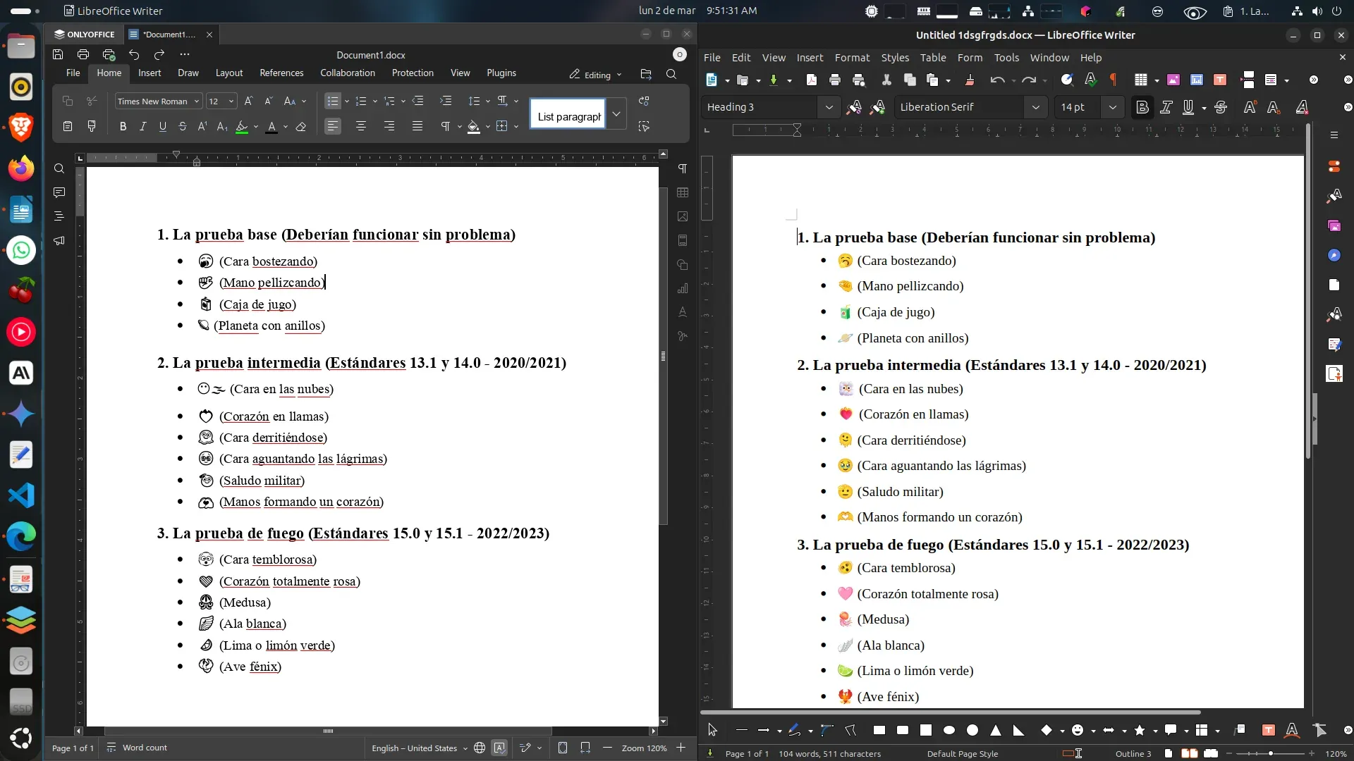 OnlyOffice en un Ubuntu 24.04 que que si tiene tipografía Segoe UI Emoji. Los emojis funcionan aunque salen como monocromáticos