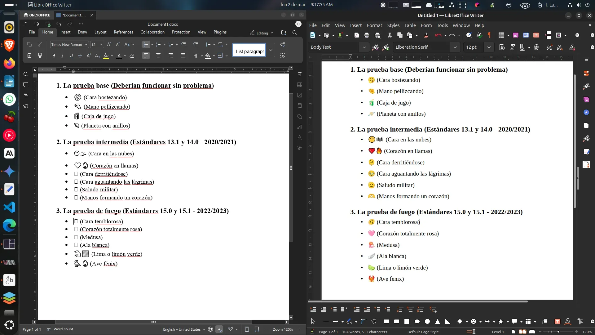 OnlyOffice en un Ubuntu 24.04 que no tiene tipografía Segoe UI Emoji. Los emojis de las últimas versiones de Unicode aparece como cuadrados